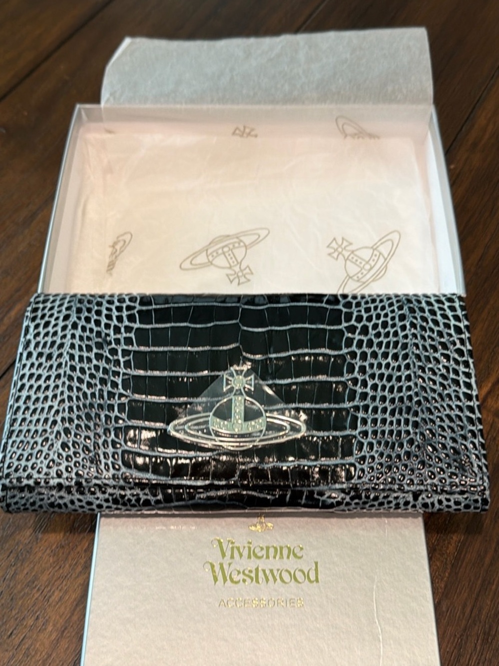 Vivienne Westwood NIB Black Croc-Embossed Continental Wallet with Silver Orb